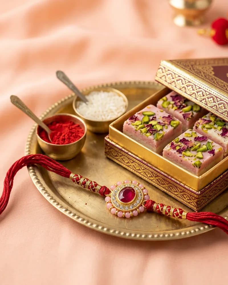 Rakhi Celebration Box: silk rakhi, roli-chawal, 250 g barfi, card